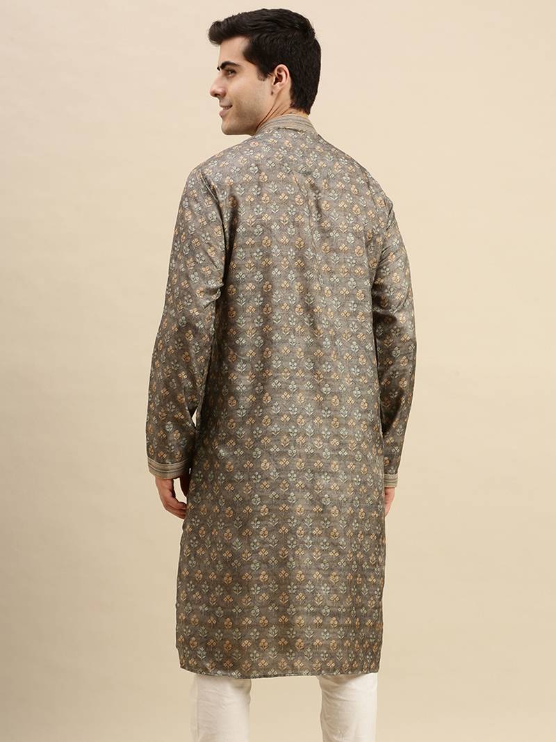 Sanwara Men's Grey woven Long Sleeve Art Silk Elegant Kurta