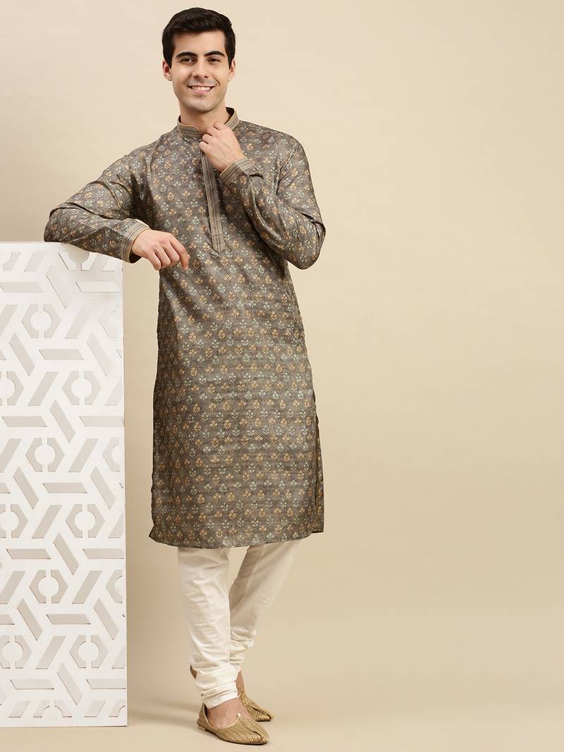 Sanwara Men's Grey woven Long Sleeve Art Silk Elegant Kurta