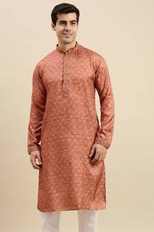 Sanwara Men's Rust woven Long Sleeve Art Silk Elegant Kurta