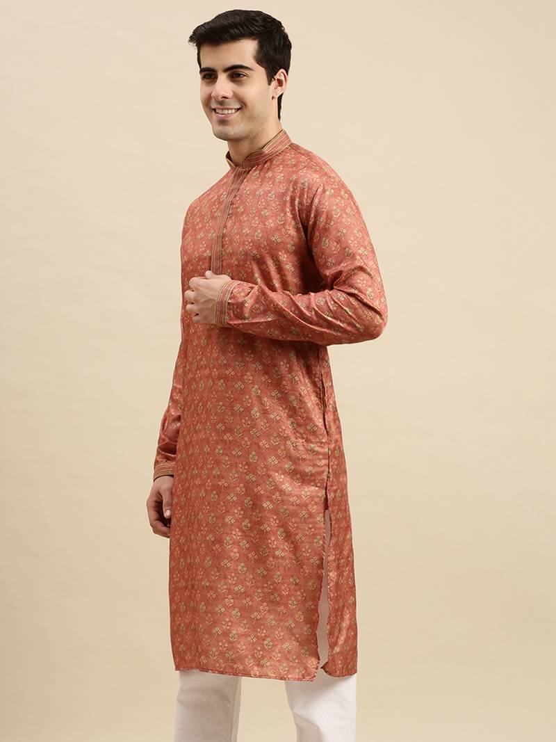 Sanwara Men's Rust woven Long Sleeve Art Silk Elegant Kurta