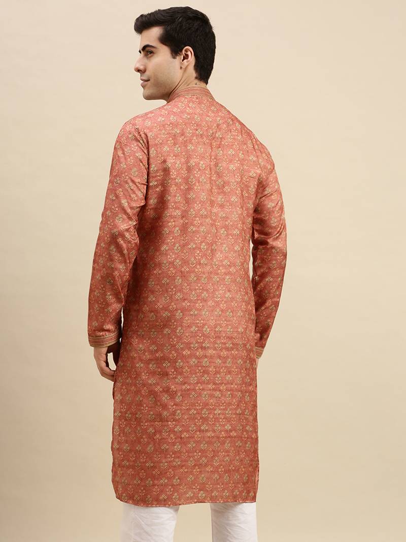 Sanwara Men's Rust woven Long Sleeve Art Silk Elegant Kurta