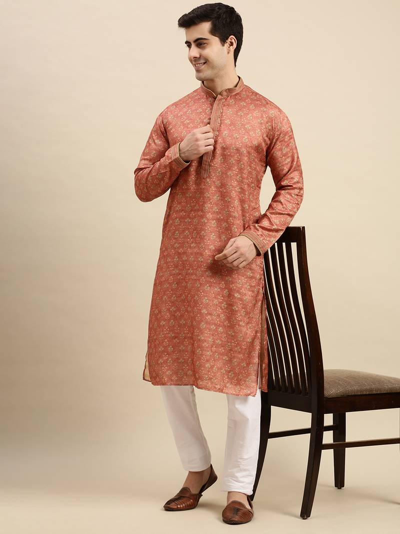 Sanwara Men's Rust woven Long Sleeve Art Silk Elegant Kurta