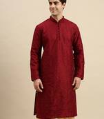 Sanwara Men's Maroon Embroidered Long Sleeve Art Silk Designer Kurta