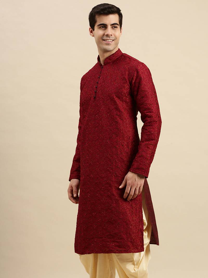 Sanwara Men's Maroon Embroidered Long Sleeve Art Silk Designer Kurta