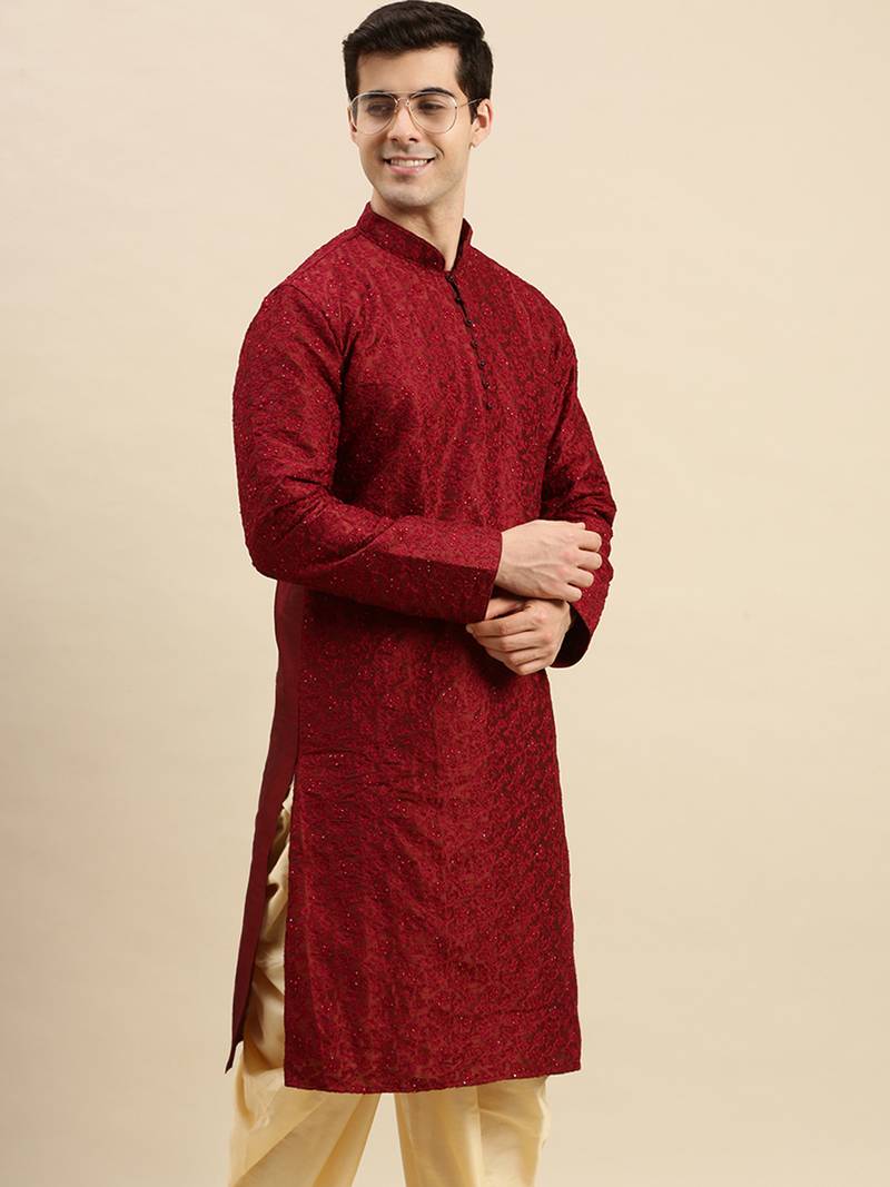 Sanwara Men's Maroon Embroidered Long Sleeve Art Silk Designer Kurta