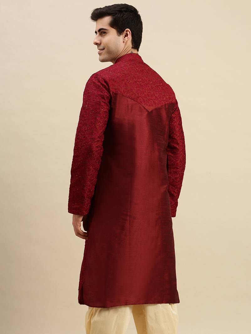 Sanwara Men's Maroon Embroidered Long Sleeve Art Silk Designer Kurta