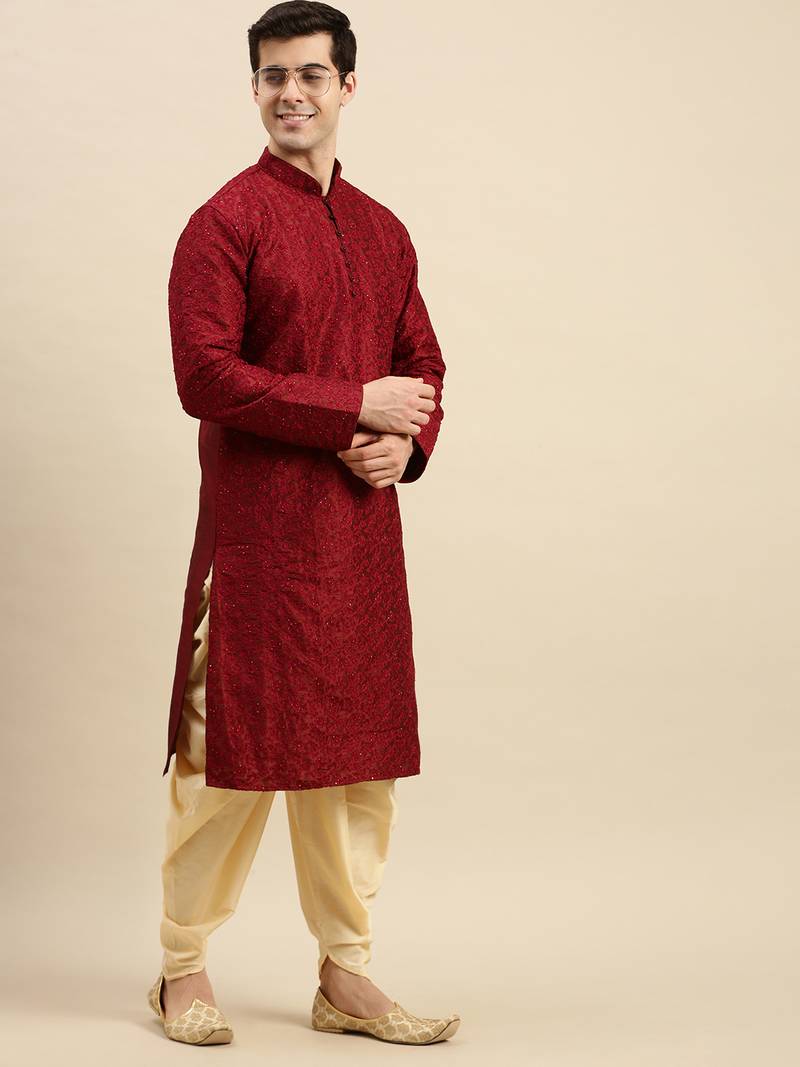 Sanwara Men's Maroon Embroidered Long Sleeve Art Silk Designer Kurta