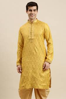 Sanwara Men's Yellow woven Long Sleeve Art Silk Elegant Kurta