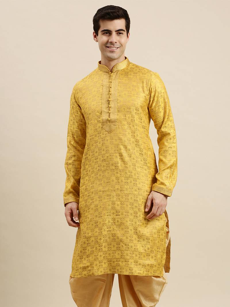 Sanwara Men's Yellow woven Long Sleeve Art Silk Elegant Kurta