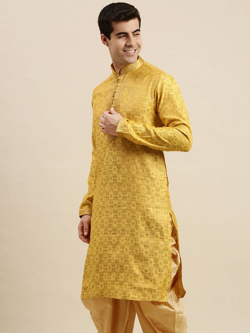 Sanwara Men's Yellow woven Long Sleeve Art Silk Elegant Kurta