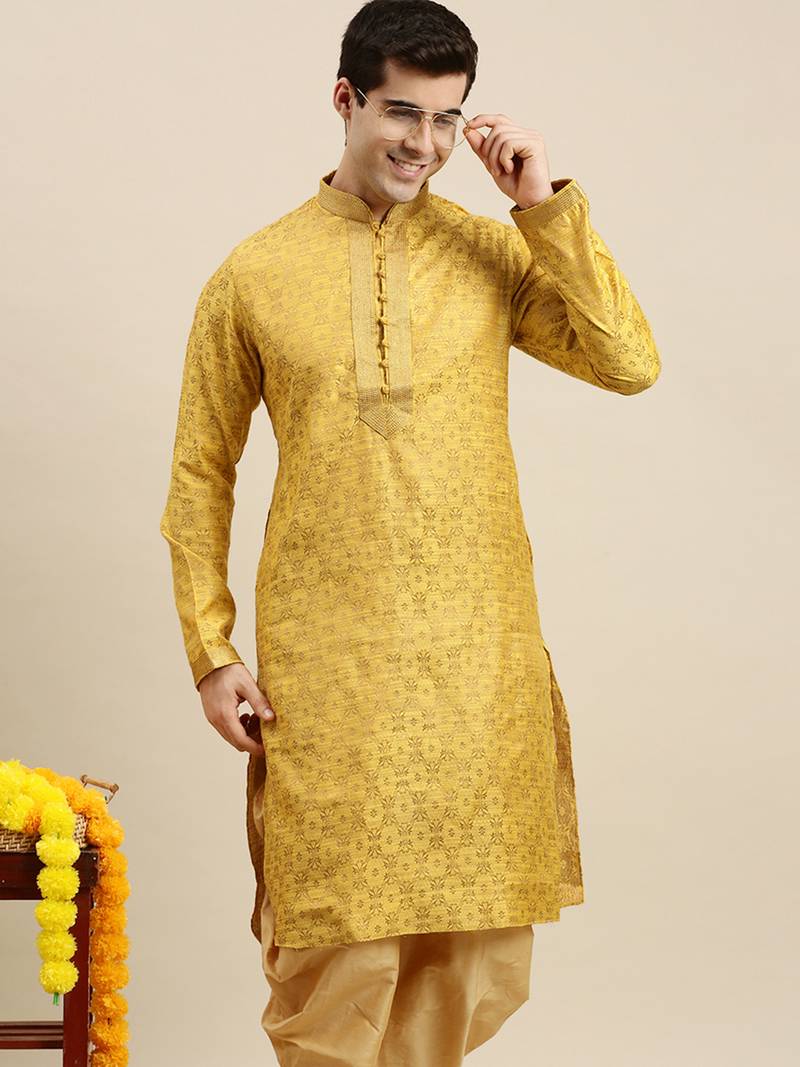 Sanwara Men's Yellow woven Long Sleeve Art Silk Elegant Kurta