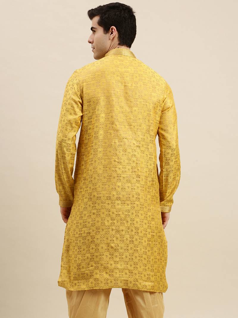 Sanwara Men's Yellow woven Long Sleeve Art Silk Elegant Kurta
