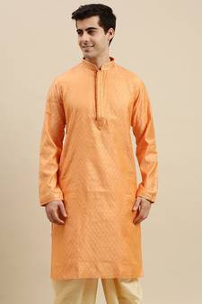 Sanwara Men's Orange woven Long Sleeve Art Silk Elegant Kurta
