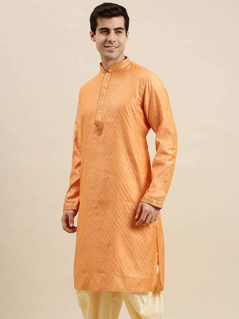 Sanwara Men's Orange woven Long Sleeve Art Silk Elegant Kurta