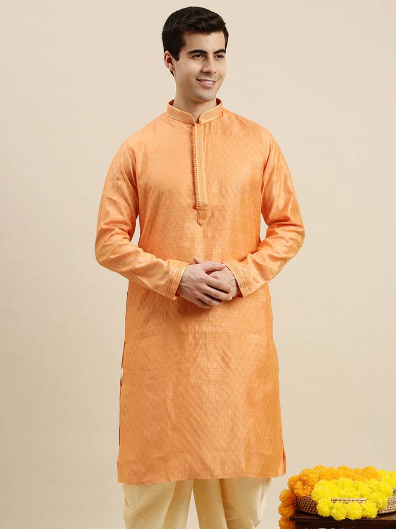 Sanwara Men's Orange woven Long Sleeve Art Silk Elegant Kurta