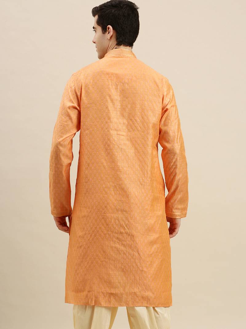 Sanwara Men's Orange woven Long Sleeve Art Silk Elegant Kurta