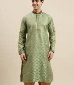 Sanwara Men's Green woven Long Sleeve Art Silk Elegant Kurta
