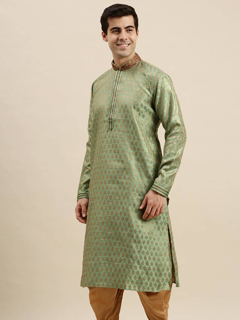 Sanwara Men's Green woven Long Sleeve Art Silk Elegant Kurta