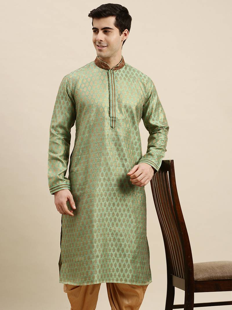 Sanwara Men's Green woven Long Sleeve Art Silk Elegant Kurta