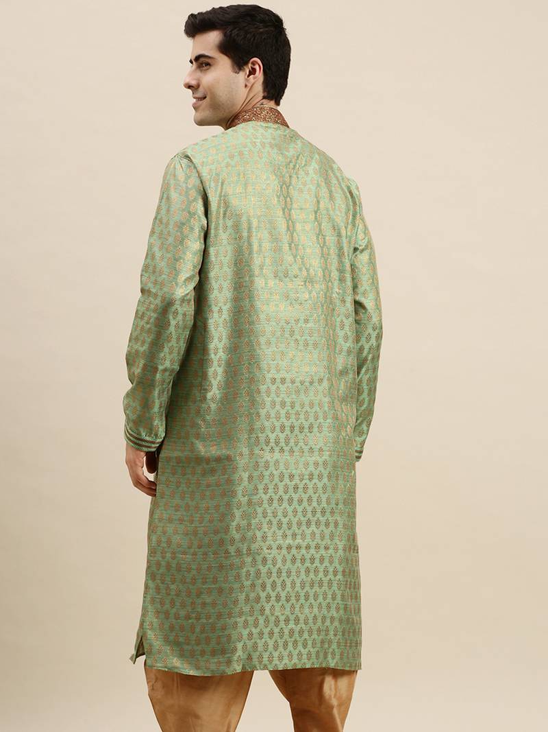 Sanwara Men's Green woven Long Sleeve Art Silk Elegant Kurta