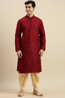 Sanwara Men's Maroon Embroidered Long Sleeve Art Silk Designer Kurta with Cawl Pant