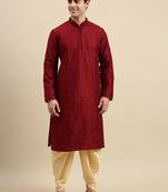 Sanwara Men's Maroon Embroidered Long Sleeve Art Silk Designer Kurta with Cawl Pant