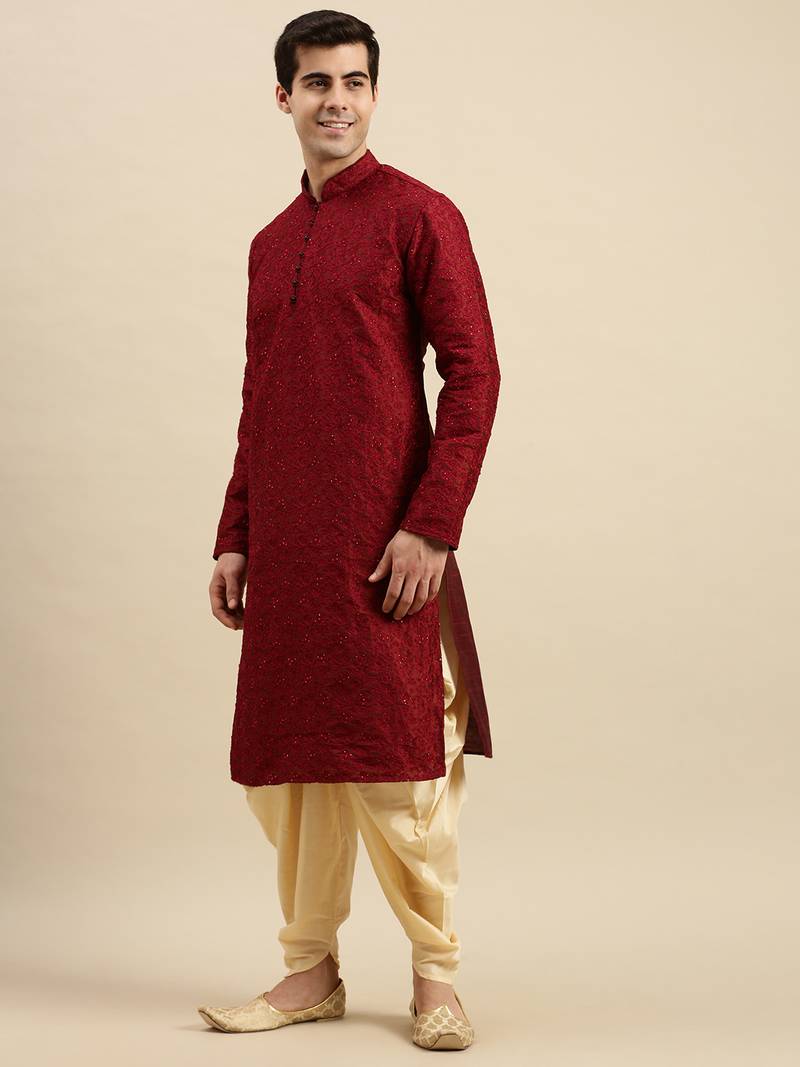 Sanwara Men's Maroon Embroidered Long Sleeve Art Silk Designer Kurta with Cawl Pant