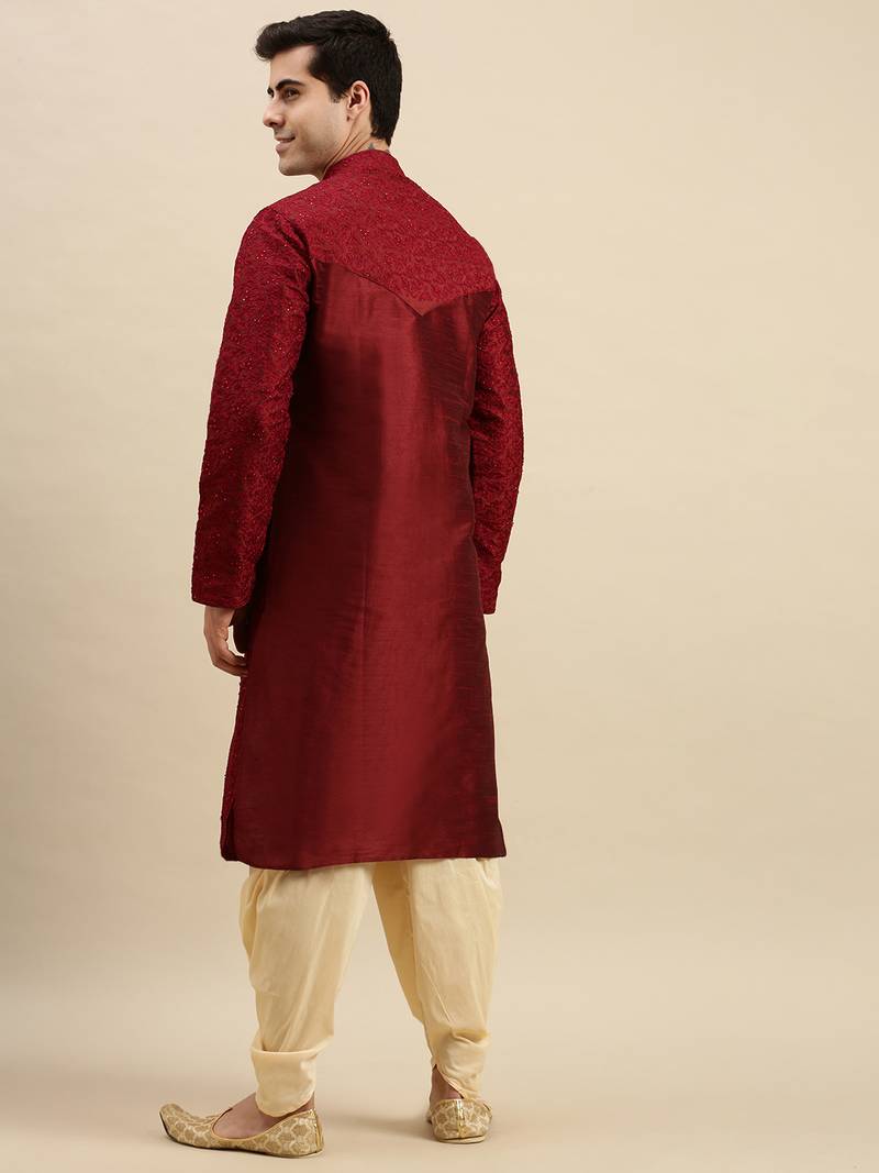 Sanwara Men's Maroon Embroidered Long Sleeve Art Silk Designer Kurta with Cawl Pant
