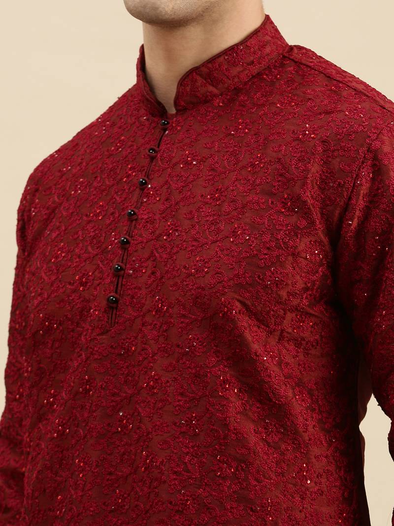Sanwara Men's Maroon Embroidered Long Sleeve Art Silk Designer Kurta with Cawl Pant
