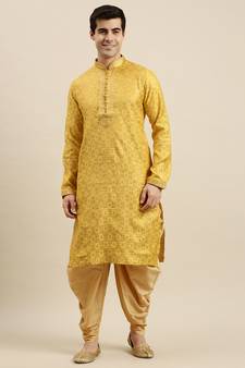 Sanwara Men's Yellow Woven Long Sleeve Art Silk Elegant Kurta with Cawl Pant