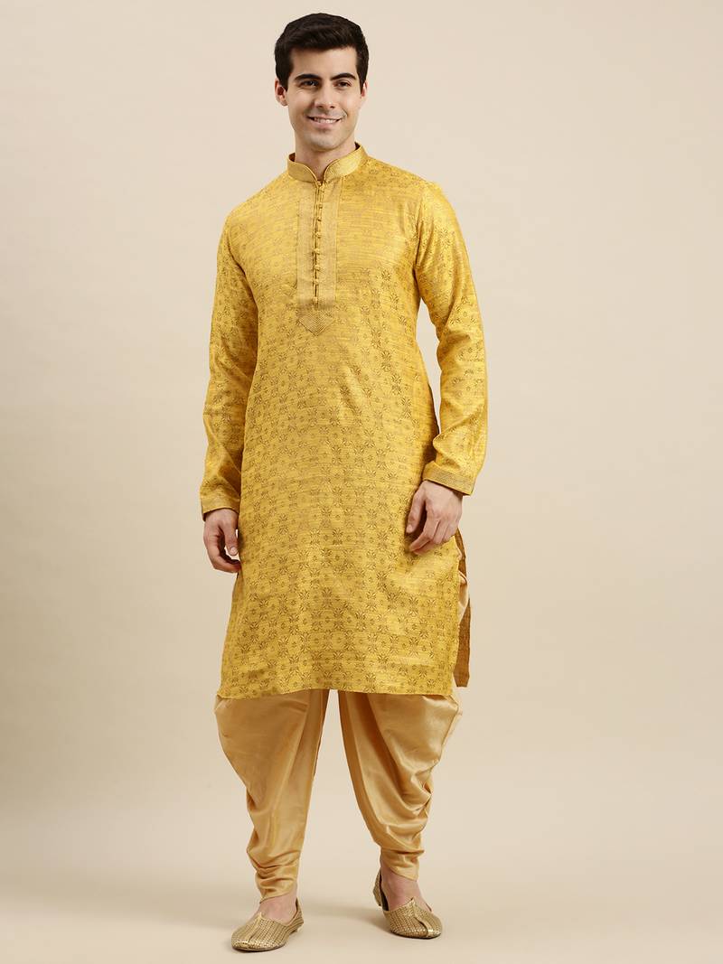 Sanwara Men's Yellow Woven Long Sleeve Art Silk Elegant Kurta with Cawl Pant