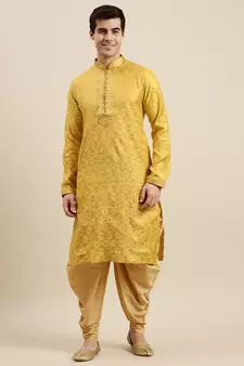 Sanwara Men's Yellow Woven Long Sleeve Art Silk Elegant Kurta with Cawl Pant