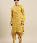Sanwara Men's Yellow Woven Long Sleeve Art Silk Elegant Kurta with Cawl Pant