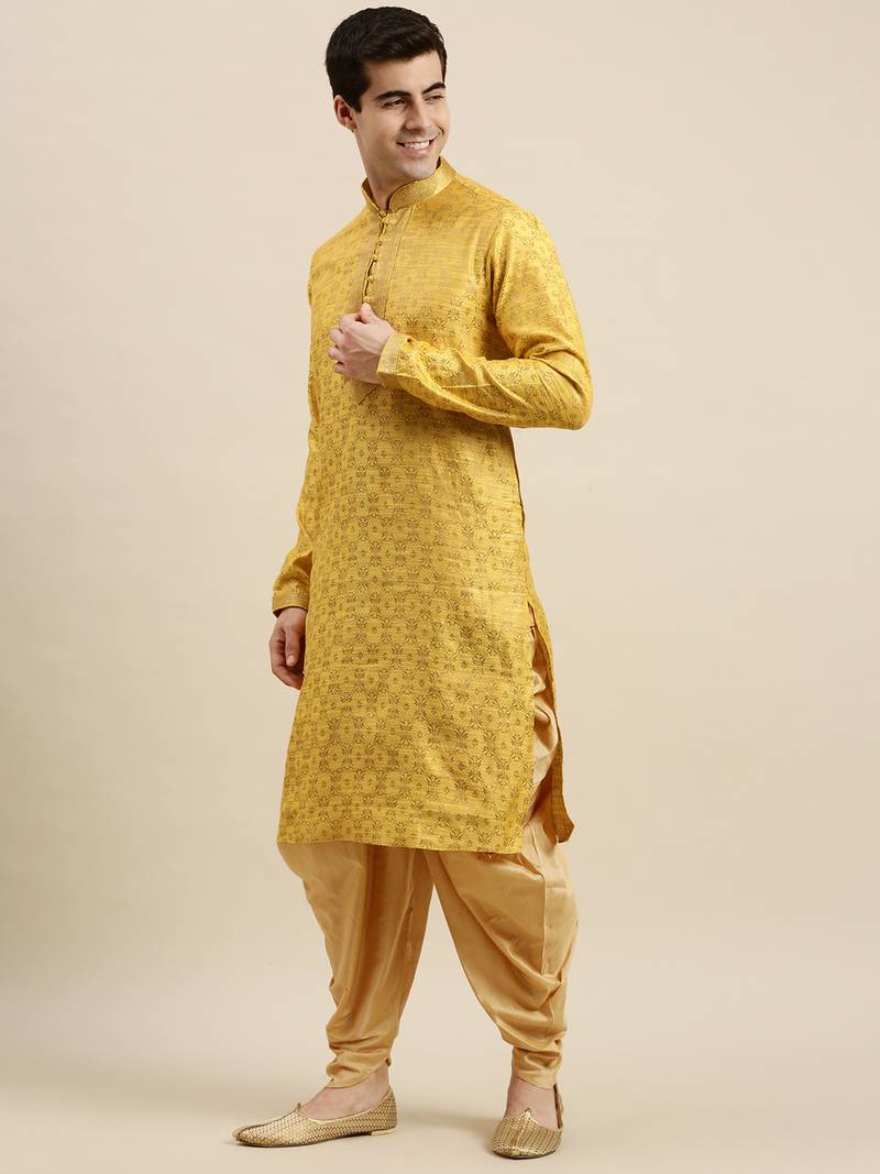 Sanwara Men's Yellow Woven Long Sleeve Art Silk Elegant Kurta with Cawl Pant