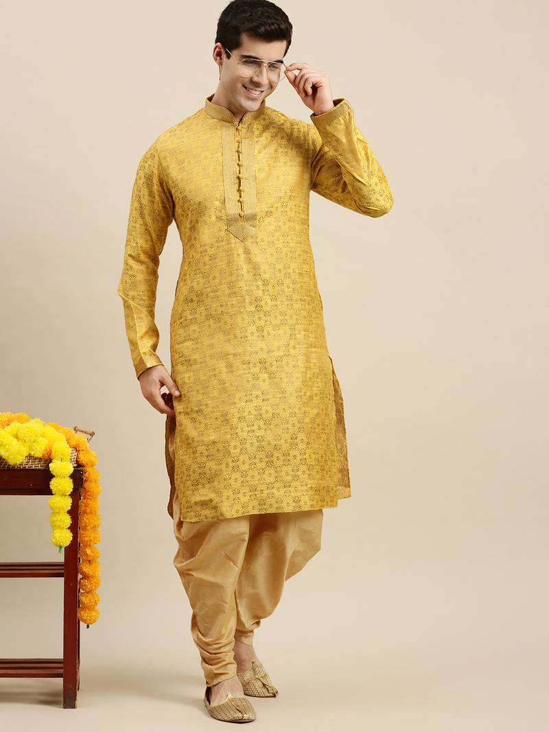 Sanwara Men's Yellow Woven Long Sleeve Art Silk Elegant Kurta with Cawl Pant
