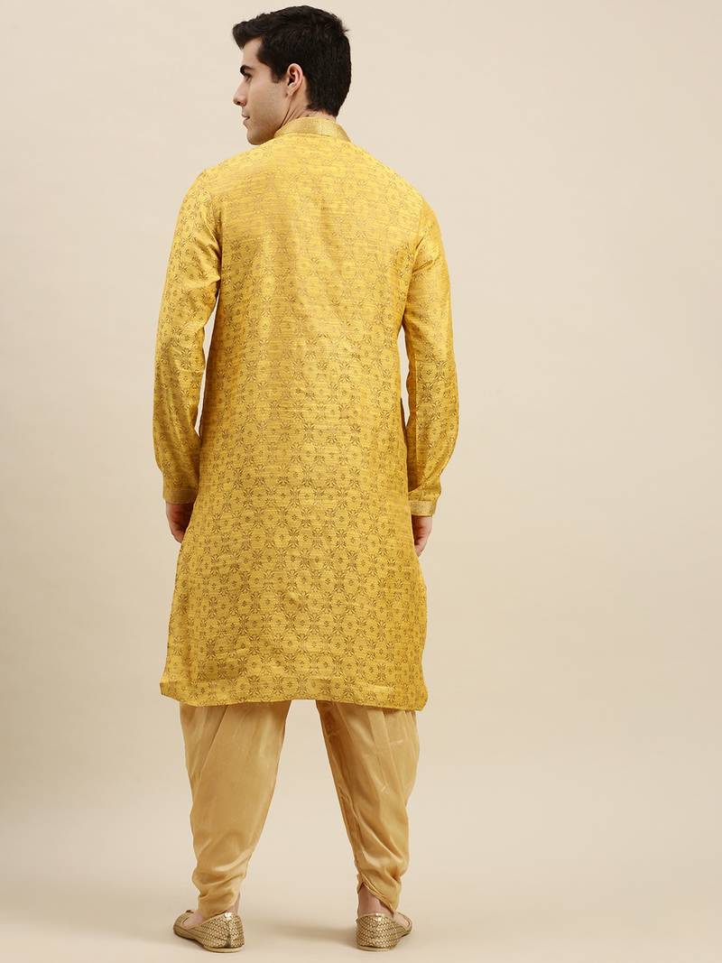 Sanwara Men's Yellow Woven Long Sleeve Art Silk Elegant Kurta with Cawl Pant