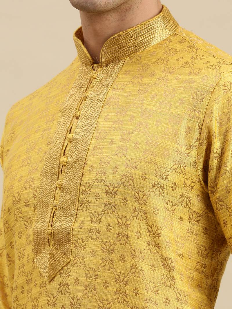 Sanwara Men's Yellow Woven Long Sleeve Art Silk Elegant Kurta with Cawl Pant