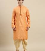 Sanwara Men's Orange Woven Long Sleeve Art Silk Elegant Kurta with Cawl Pant