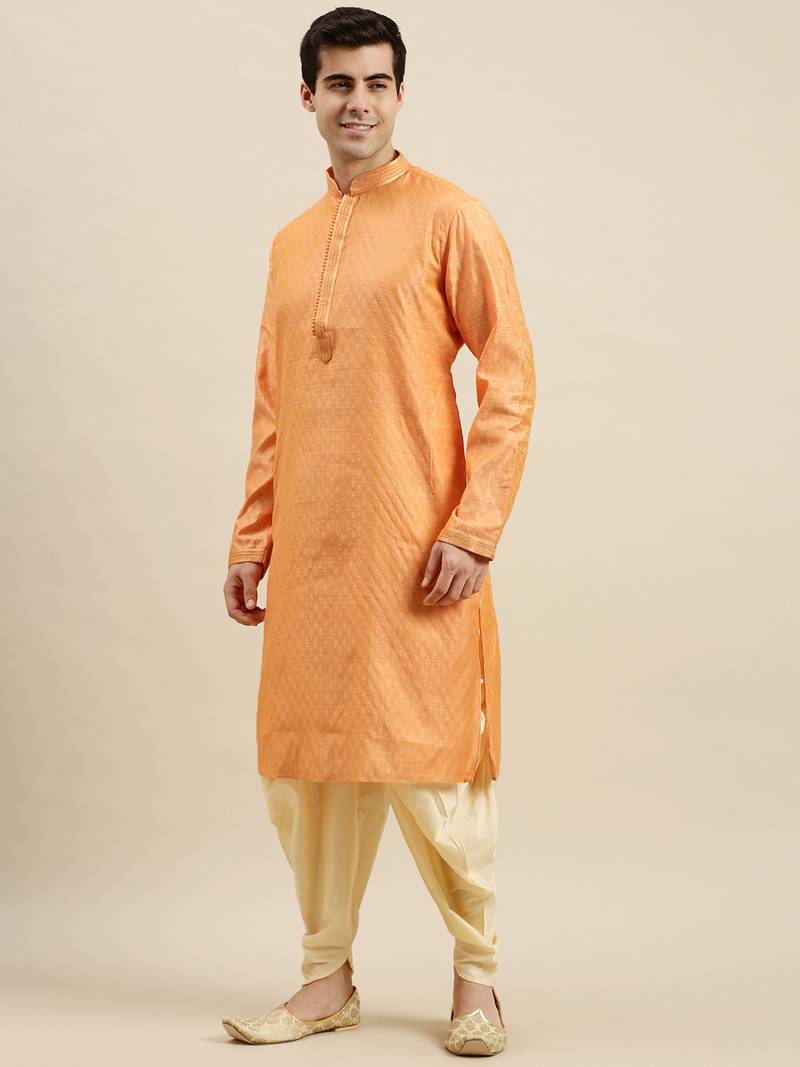 Sanwara Men's Orange Woven Long Sleeve Art Silk Elegant Kurta with Cawl Pant