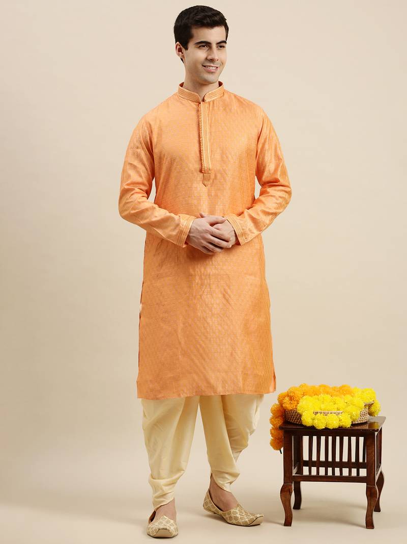 Sanwara Men's Orange Woven Long Sleeve Art Silk Elegant Kurta with Cawl Pant