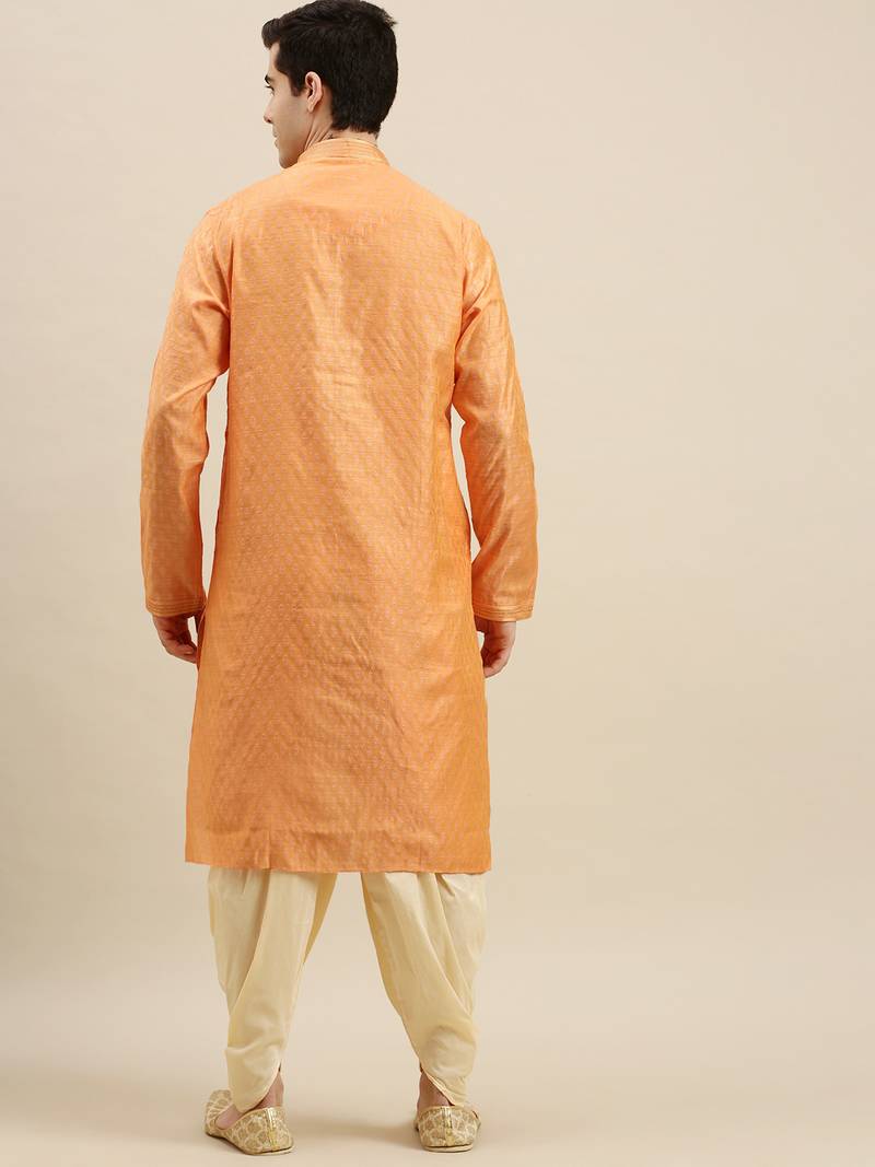 Sanwara Men's Orange Woven Long Sleeve Art Silk Elegant Kurta with Cawl Pant