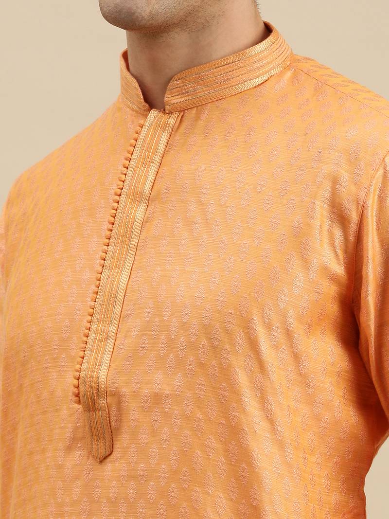 Sanwara Men's Orange Woven Long Sleeve Art Silk Elegant Kurta with Cawl Pant