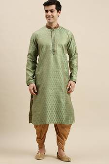 Sanwara Men's Green Woven Long Sleeve Art Silk Elegant Kurta with Cawl Pant