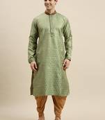 Sanwara Men's Green Woven Long Sleeve Art Silk Elegant Kurta with Cawl Pant