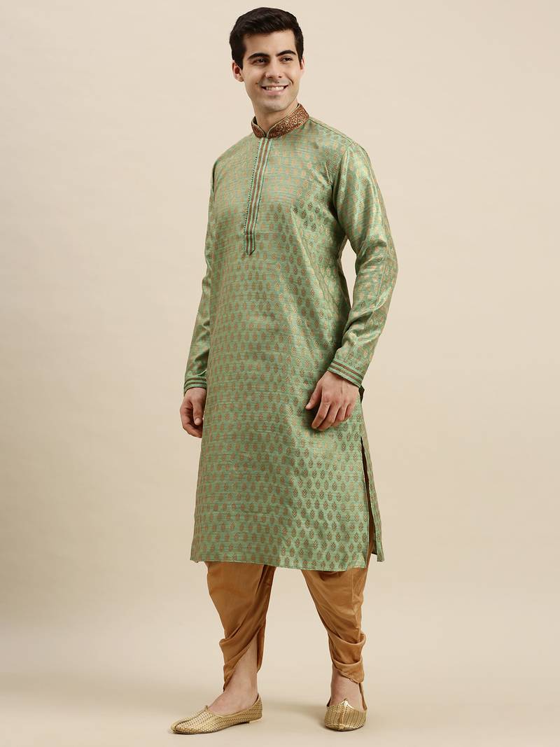Sanwara Men's Green Woven Long Sleeve Art Silk Elegant Kurta with Cawl Pant