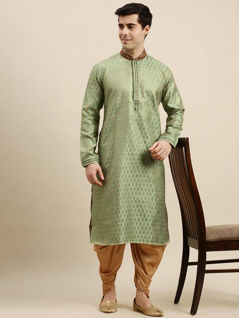 Sanwara Men's Green Woven Long Sleeve Art Silk Elegant Kurta with Cawl Pant