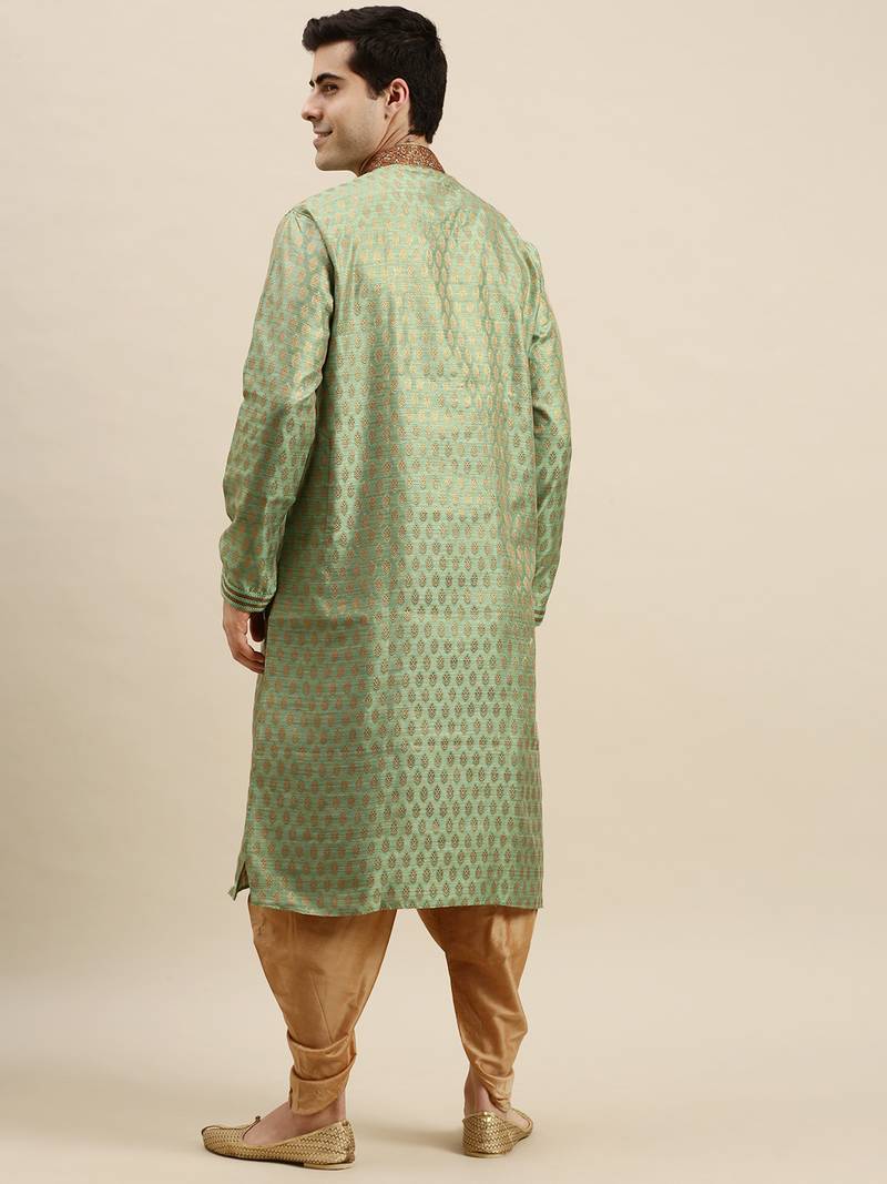 Sanwara Men's Green Woven Long Sleeve Art Silk Elegant Kurta with Cawl Pant