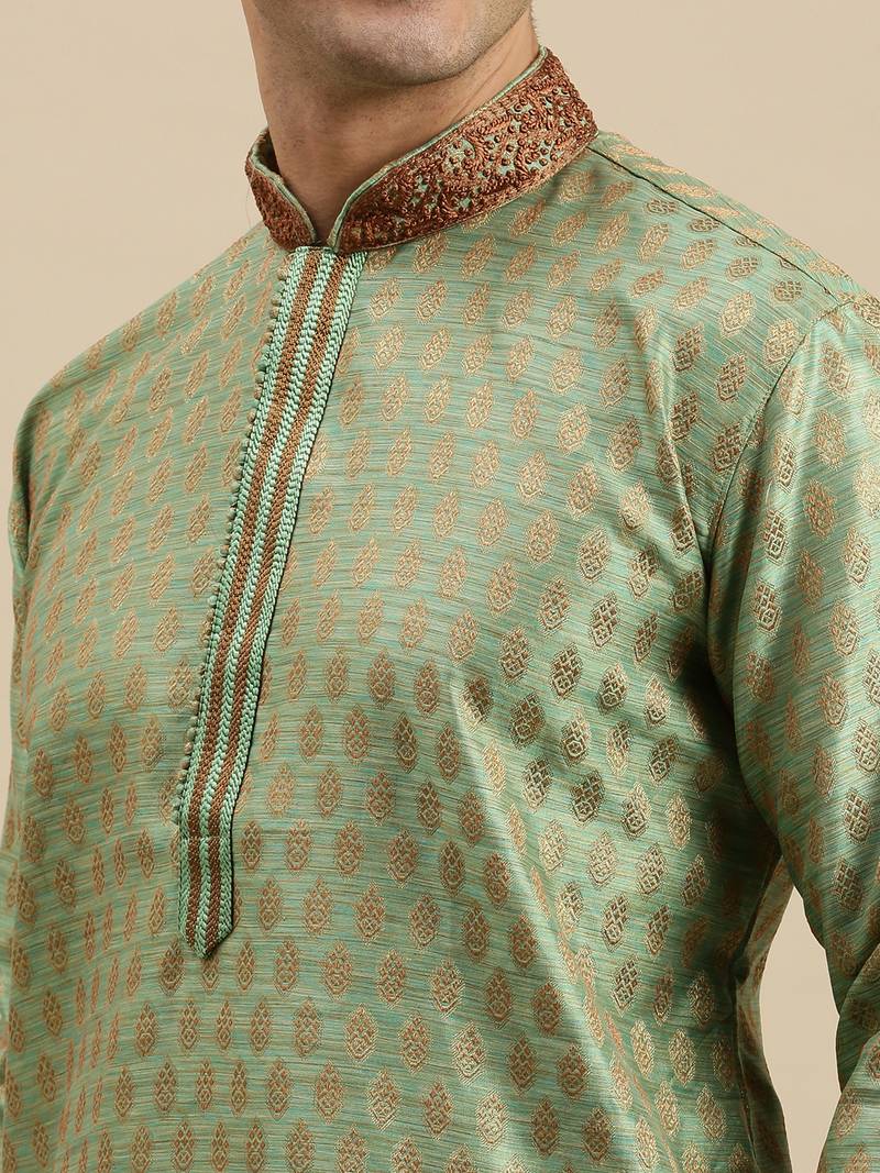 Sanwara Men's Green Woven Long Sleeve Art Silk Elegant Kurta with Cawl Pant