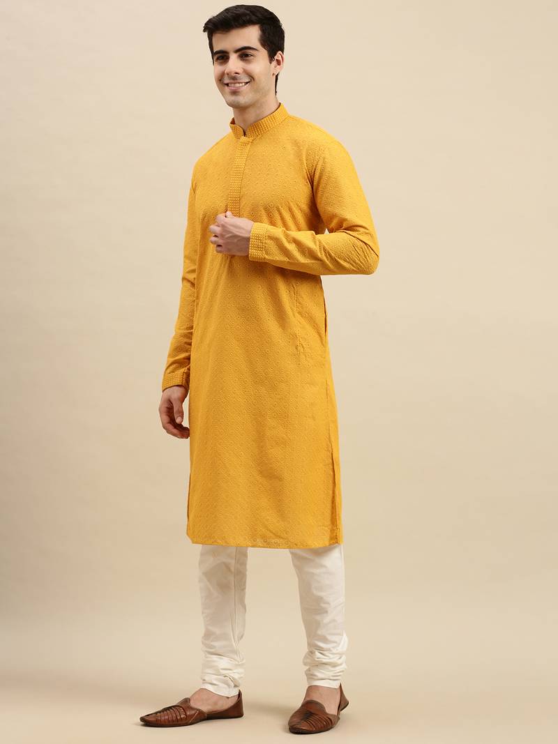 Sanwara Men's Mustard chickenkari Long Sleeve Cotton Designer Kurta with Pyjama