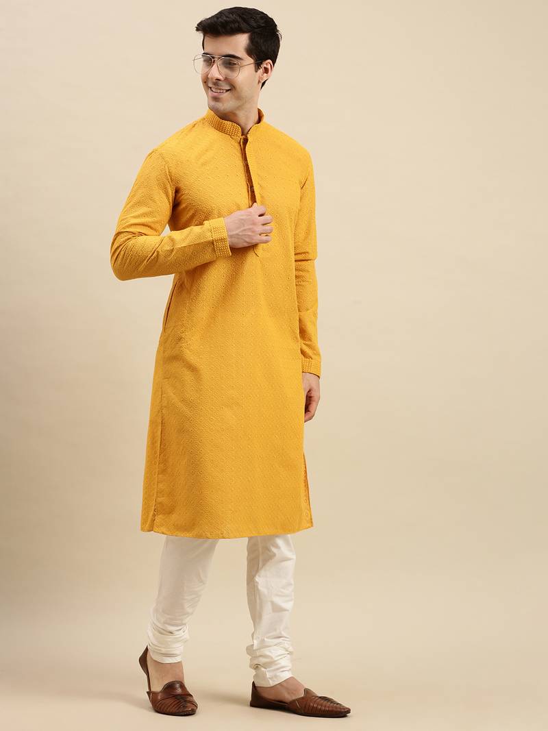 Sanwara Men's Mustard chickenkari Long Sleeve Cotton Designer Kurta with Pyjama